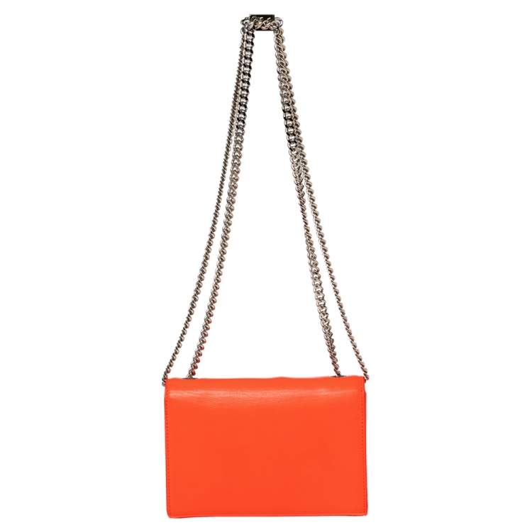 Pre Owned Saint Laurent Neon Orange Leather Kate Monogram Wallet on Chain