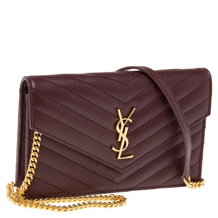Pre Owned Saint Laurent Burgundy Matelassé  Leather Monogram Envelope Wallet on Chain