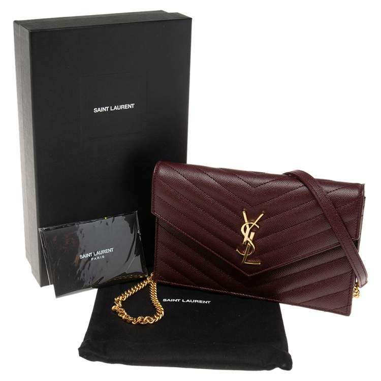 Pre Owned Saint Laurent Burgundy Matelassé  Leather Monogram Envelope Wallet on Chain