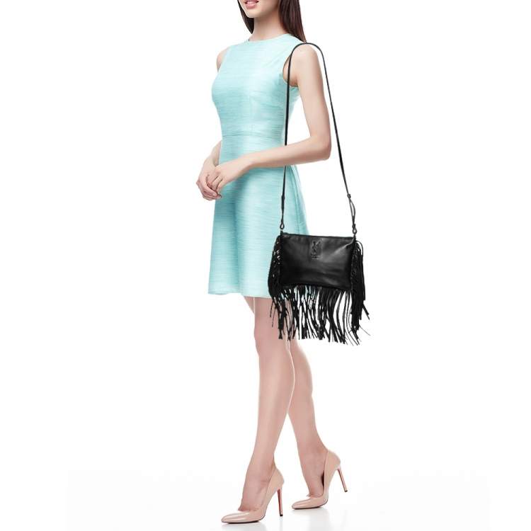 Pre Owned Saint Laurent Black Leather Fringe Shoulder Bag