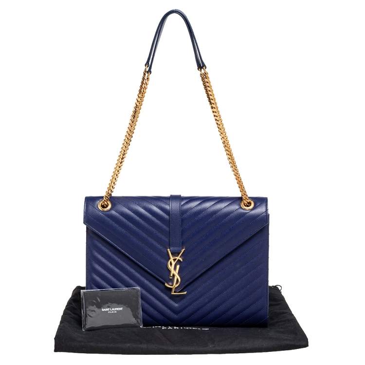 Pre Owned Saint Laurent Navy Blue Matelassé Leather Large Cassandre Flap Bag