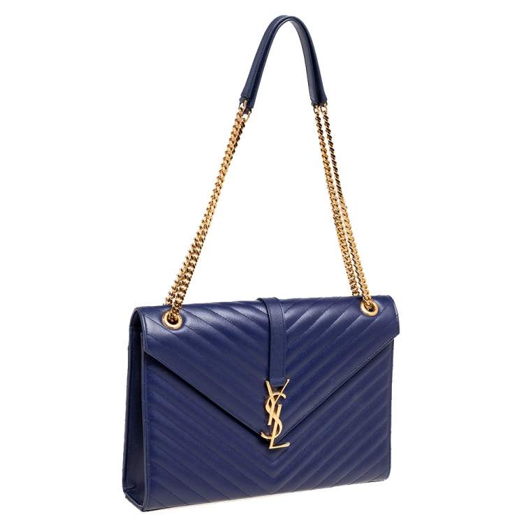 Pre Owned Saint Laurent Navy Blue Matelassé Leather Large Cassandre Flap Bag