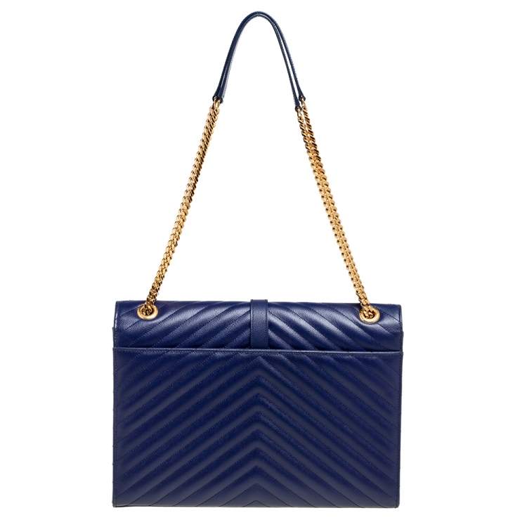 Pre Owned Saint Laurent Navy Blue Matelassé Leather Large Cassandre Flap Bag