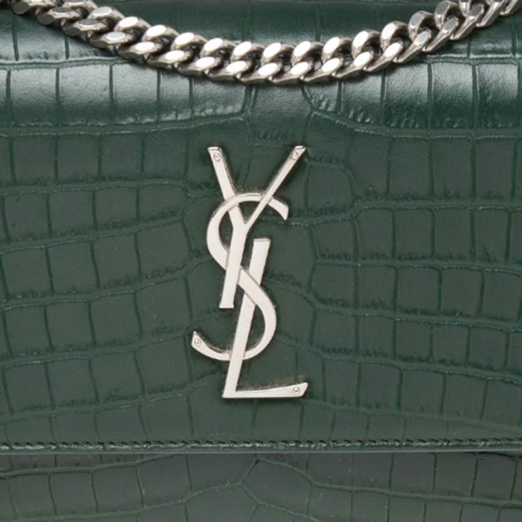 Pre Owned Saint Laurent Green Croc Embossed Leather Medium Sunset Shoulder Bag
