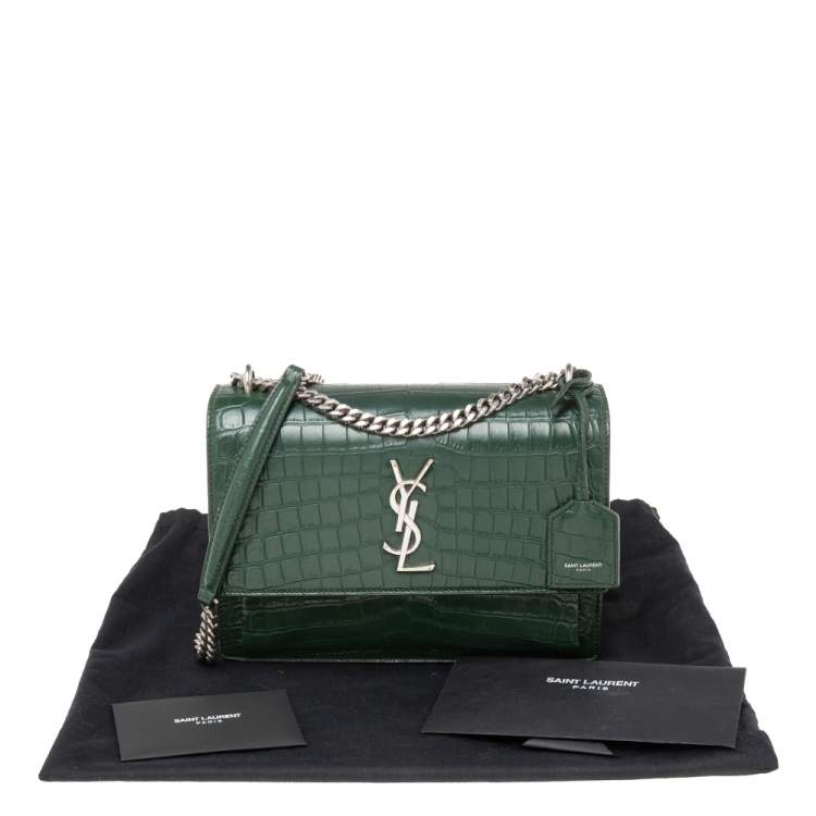 Pre Owned Saint Laurent Green Croc Embossed Leather Medium Sunset Shoulder Bag