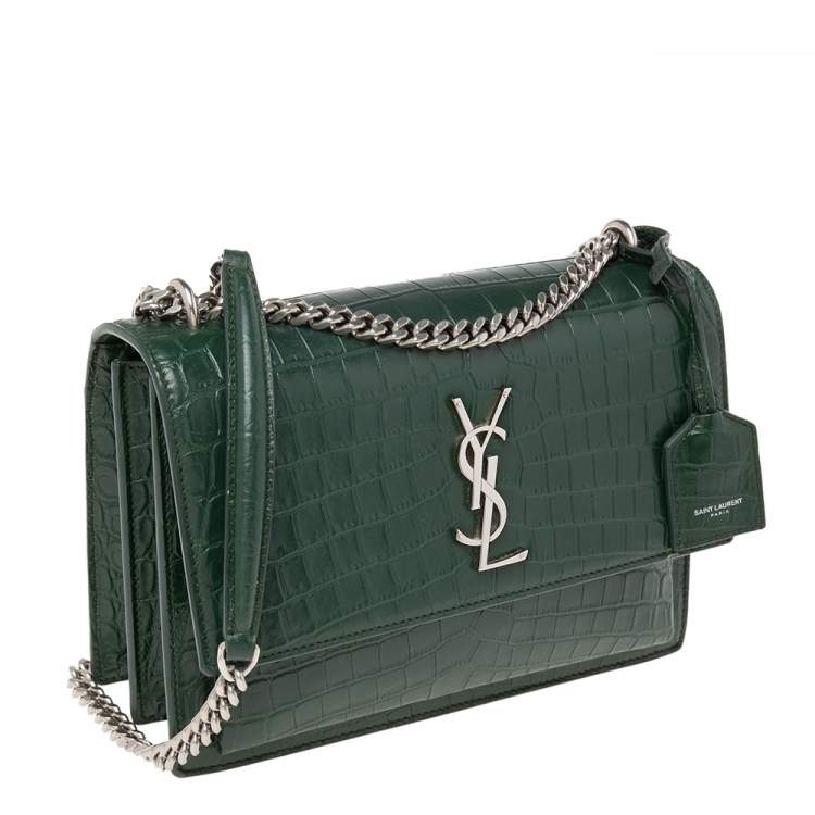 Pre Owned Saint Laurent Green Croc Embossed Leather Medium Sunset Shoulder Bag