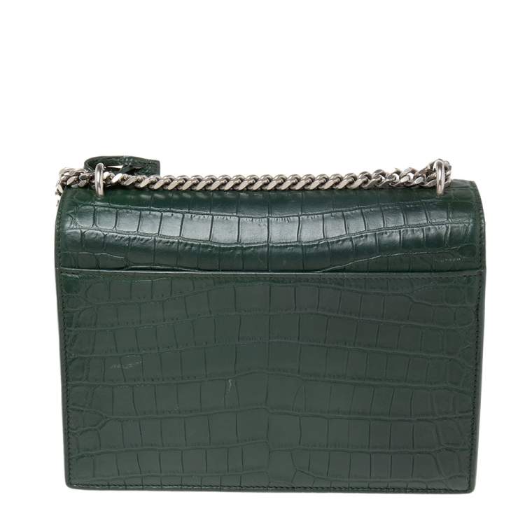 Pre Owned Saint Laurent Green Croc Embossed Leather Medium Sunset Shoulder Bag