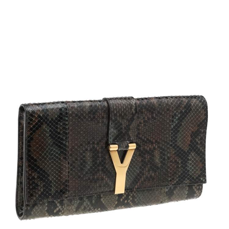 Pre Owned Yves Saint Laurent Brown Python Leather Y-Ligne Clutch