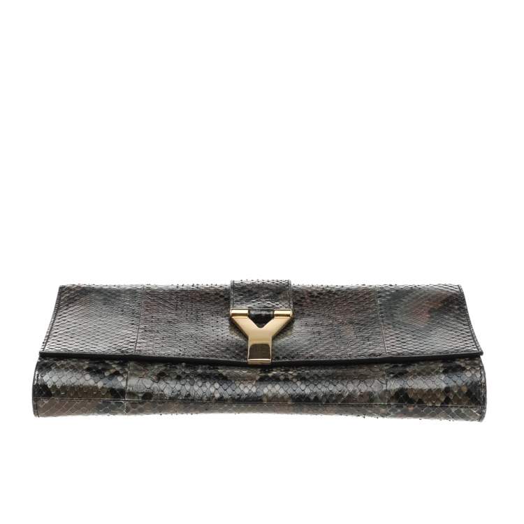 Pre Owned Yves Saint Laurent Brown Python Leather Y-Ligne Clutch