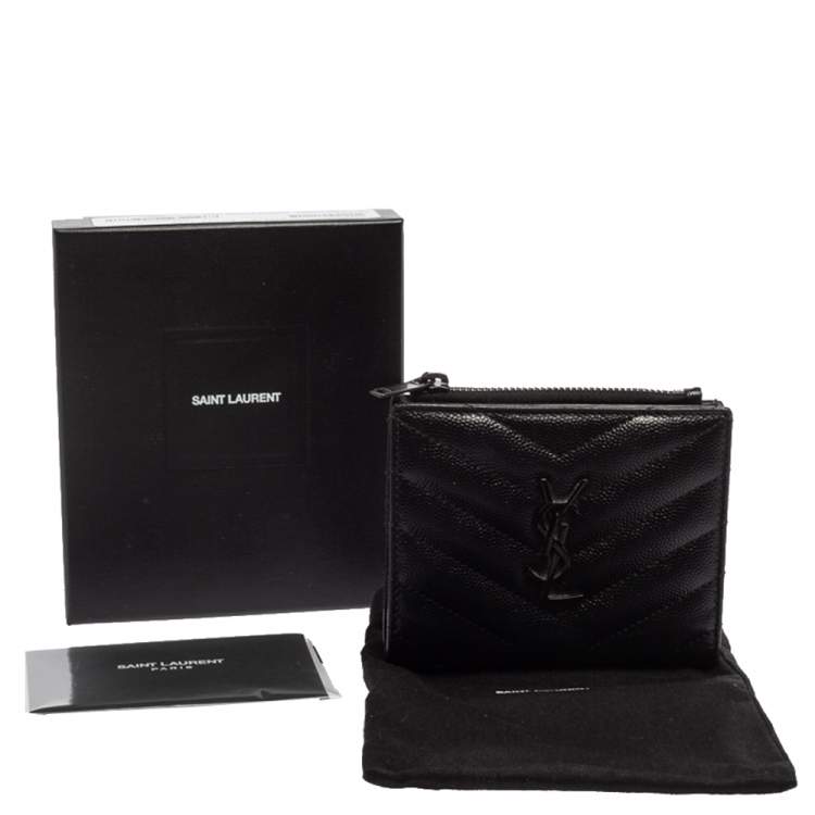 مملوكة مسبقًا Saint Laurent Black Matelassé Leather Flap Zip Compact Wallet