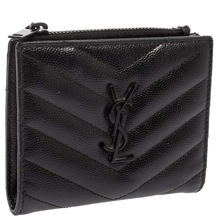 مملوكة مسبقًا Saint Laurent Black Matelassé Leather Flap Zip Compact Wallet