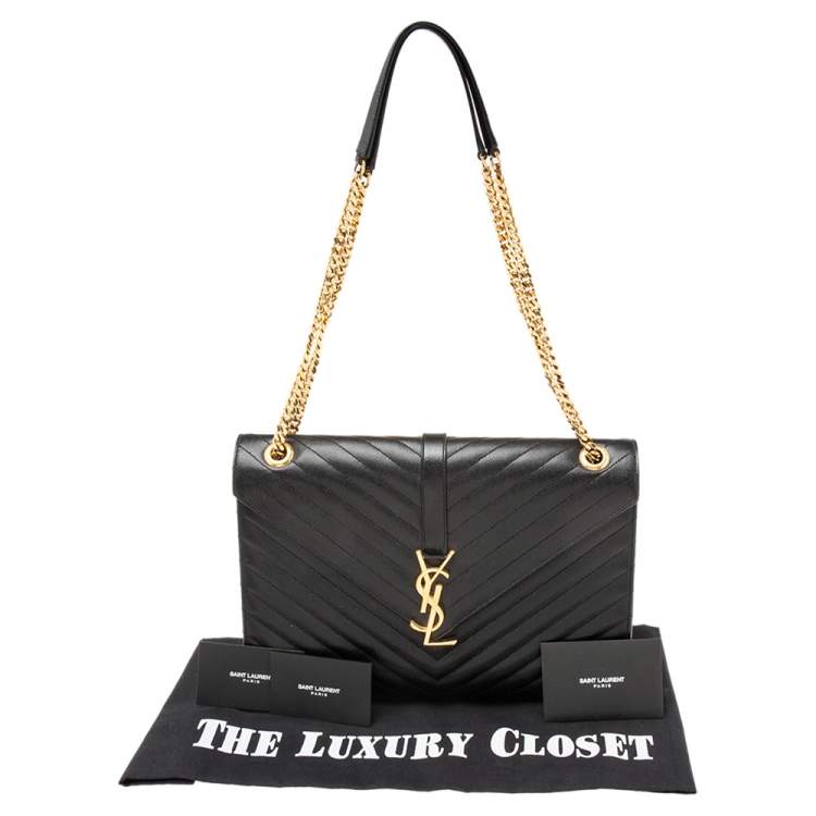 Pre Owned Saint Laurent Black Matelassé Leather Large Monogram Shoulder Bag