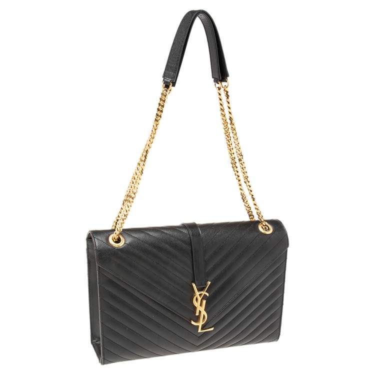 Pre Owned Saint Laurent Black Matelassé Leather Large Monogram Shoulder Bag