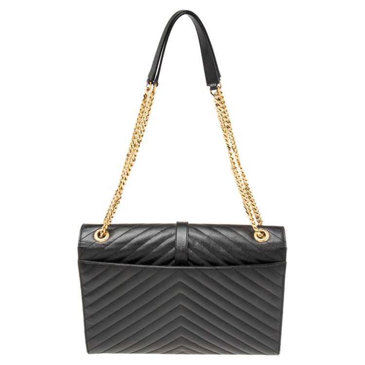 Pre Owned Saint Laurent Black Matelassé Leather Large Monogram Shoulder Bag