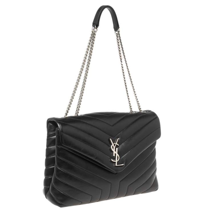 Pre Owned Saint Laurent Black Matelassé Leather Medium LouLou Shoulder Bag