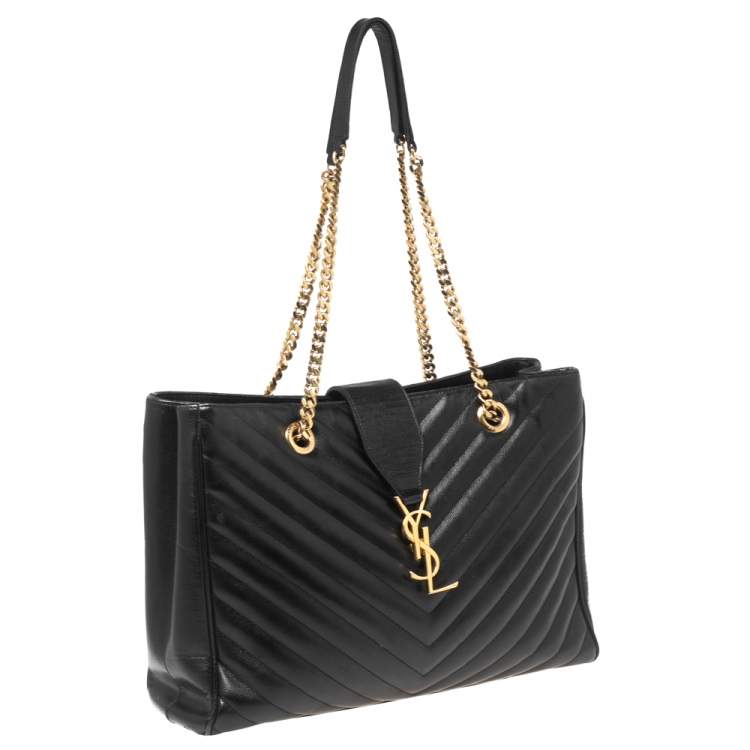 Pre Owned Saint Laurent Black Chevron Leather Classic Monogram Shopping Tote