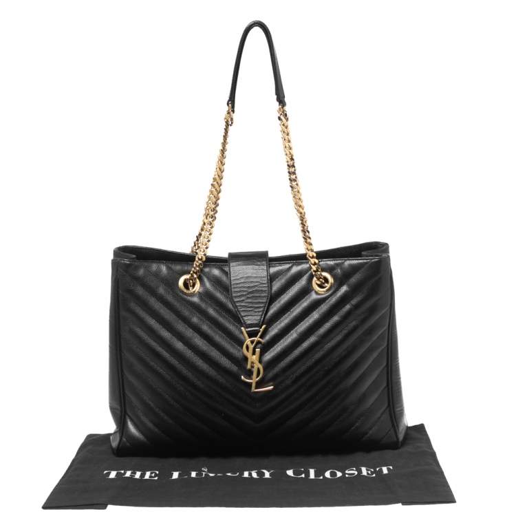 Pre Owned Saint Laurent Black Chevron Leather Classic Monogram Shopping Tote