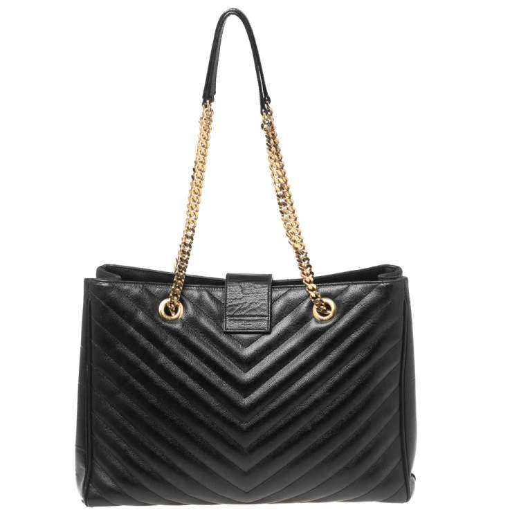 Pre Owned Saint Laurent Black Chevron Leather Classic Monogram Shopping Tote