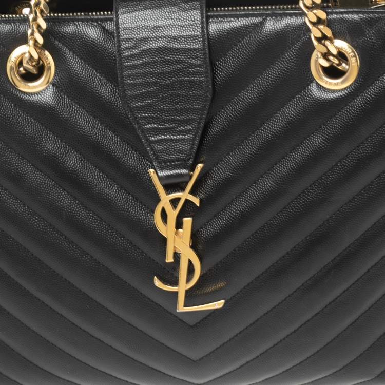 Pre Owned Saint Laurent Black Chevron Leather Classic Monogram Shopping Tote