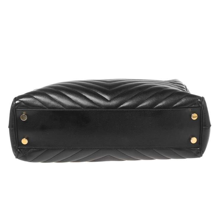 Pre Owned Saint Laurent Black Chevron Leather Classic Monogram Shopping Tote