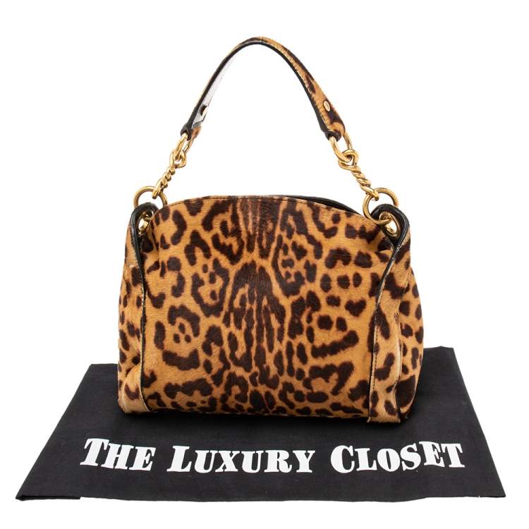 Pre Owned Yves Saint Laurent Brown Leopard Print Calf Hair Chain Shoulder Bag