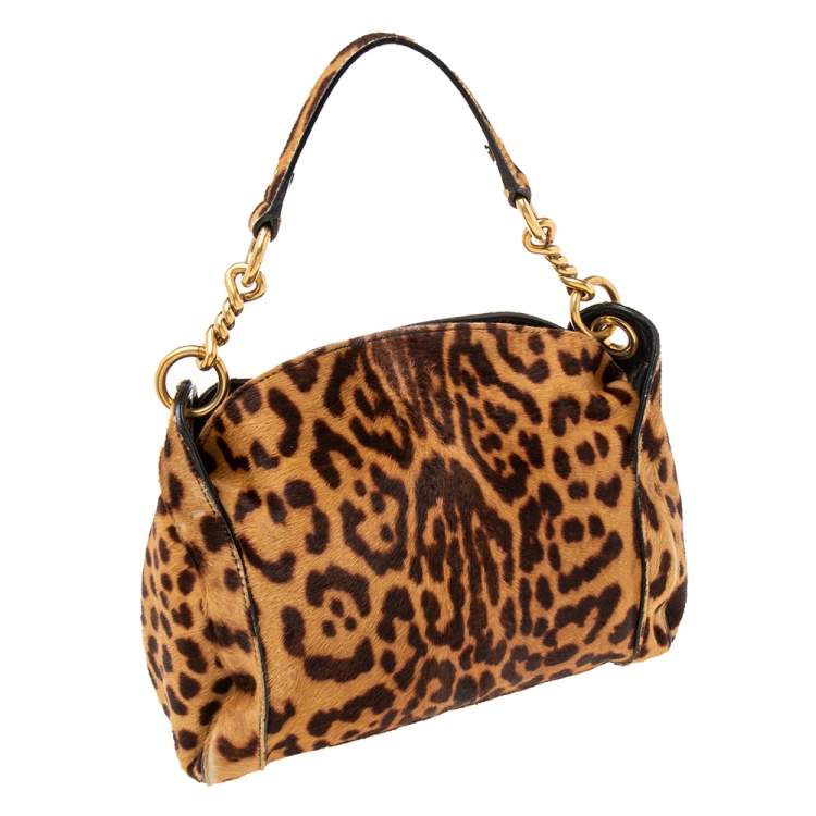 Pre Owned Yves Saint Laurent Brown Leopard Print Calf Hair Chain Shoulder Bag
