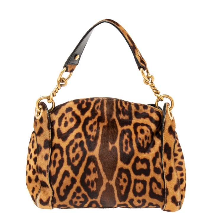 Pre Owned Yves Saint Laurent Brown Leopard Print Calf Hair Chain Shoulder Bag