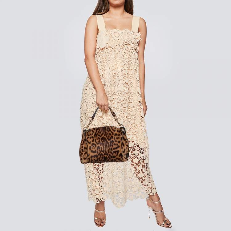 Pre Owned Yves Saint Laurent Brown Leopard Print Calf Hair Chain Shoulder Bag