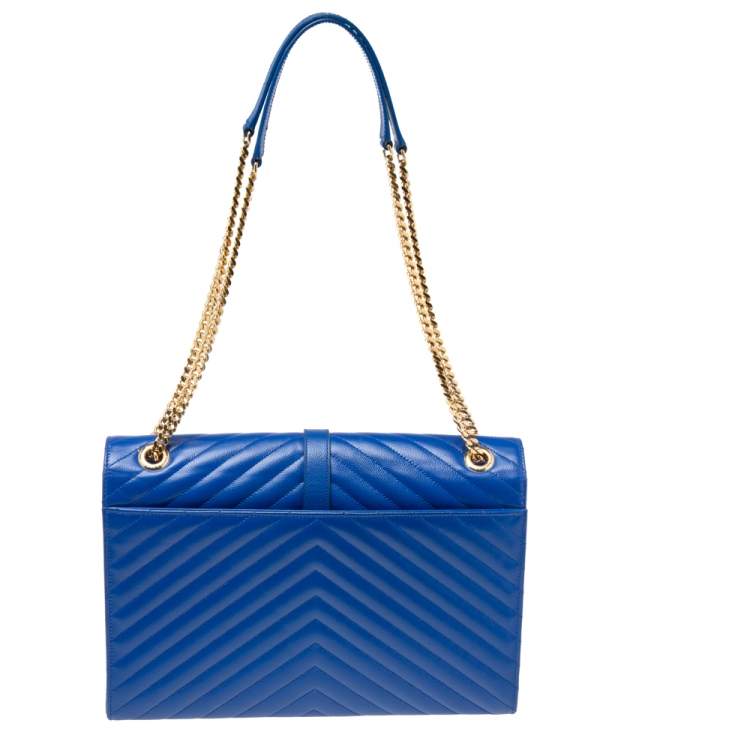 Pre Owned Saint Laurent Blue Monogram Quilted Leather Large Envelope Shoulder Bag