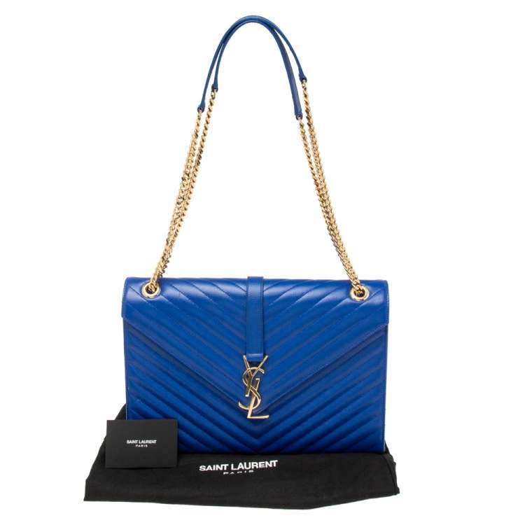 Pre Owned Saint Laurent Blue Monogram Quilted Leather Large Envelope Shoulder Bag