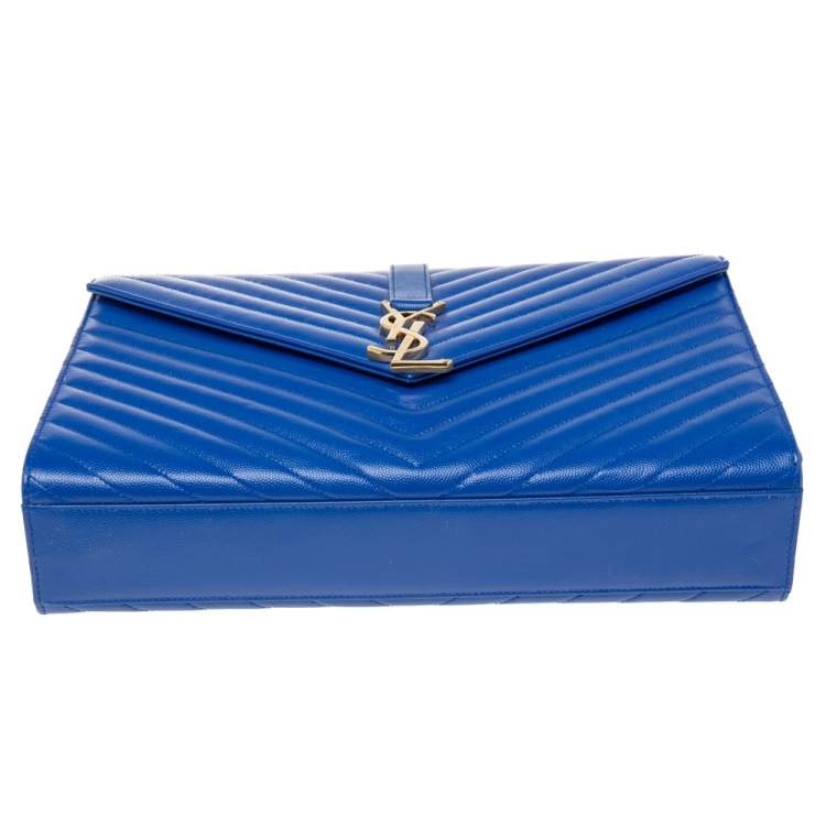 Pre Owned Saint Laurent Blue Monogram Quilted Leather Large Envelope Shoulder Bag