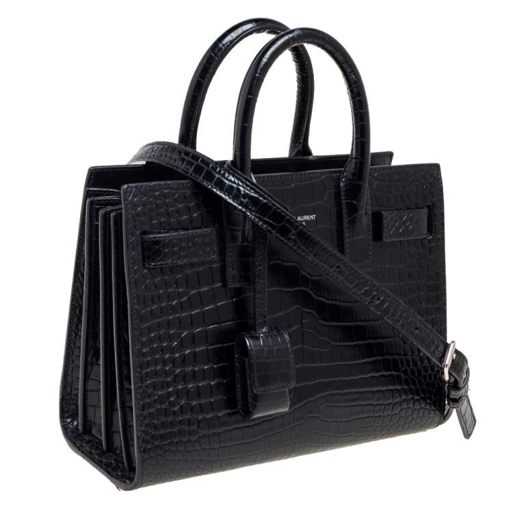 Pre Owned Saint Laurent Black Croc Embossed Leather Nano Classic Sac De Jour Tote