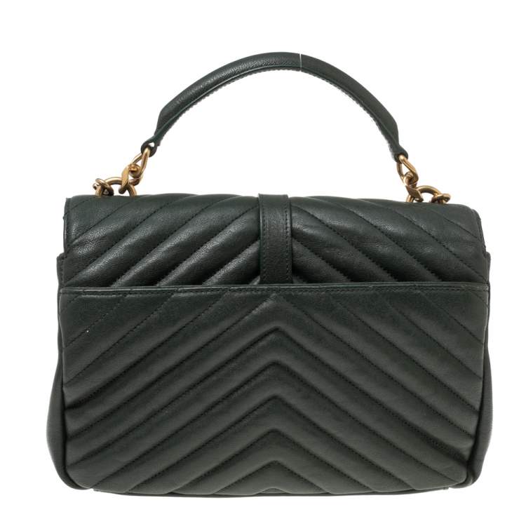 Pre Owned Saint Laurent Dark Green Matelassé Leather Small Loulou Top Handle Bag