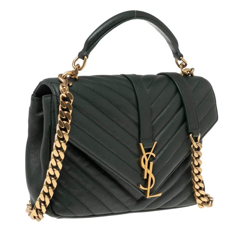 Pre Owned Saint Laurent Dark Green Matelassé Leather Small Loulou Top Handle Bag