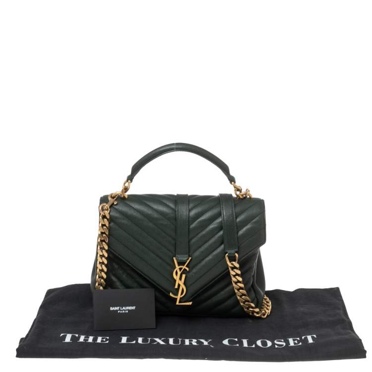 Pre Owned Saint Laurent Dark Green Matelassé Leather Small Loulou Top Handle Bag