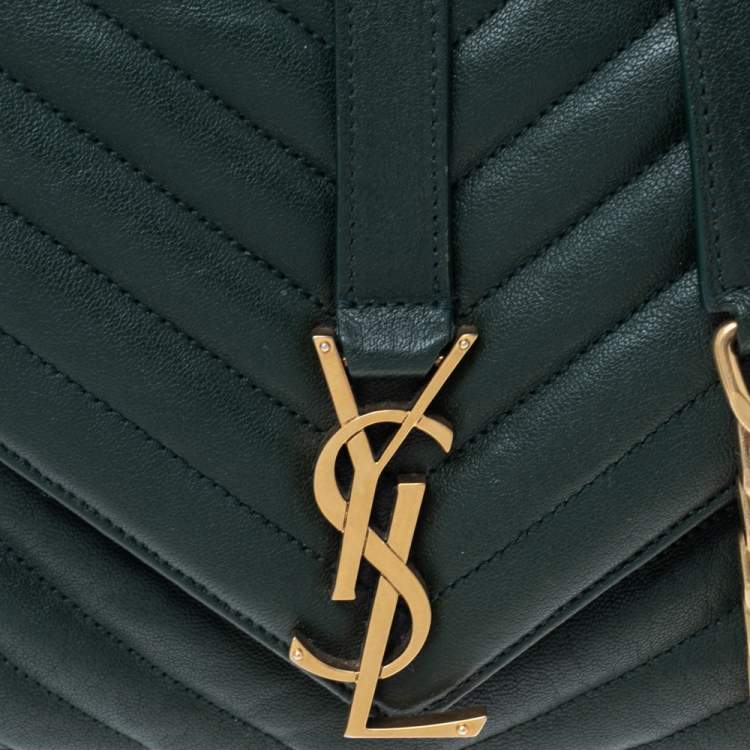 Pre Owned Saint Laurent Dark Green Matelassé Leather Small Loulou Top Handle Bag