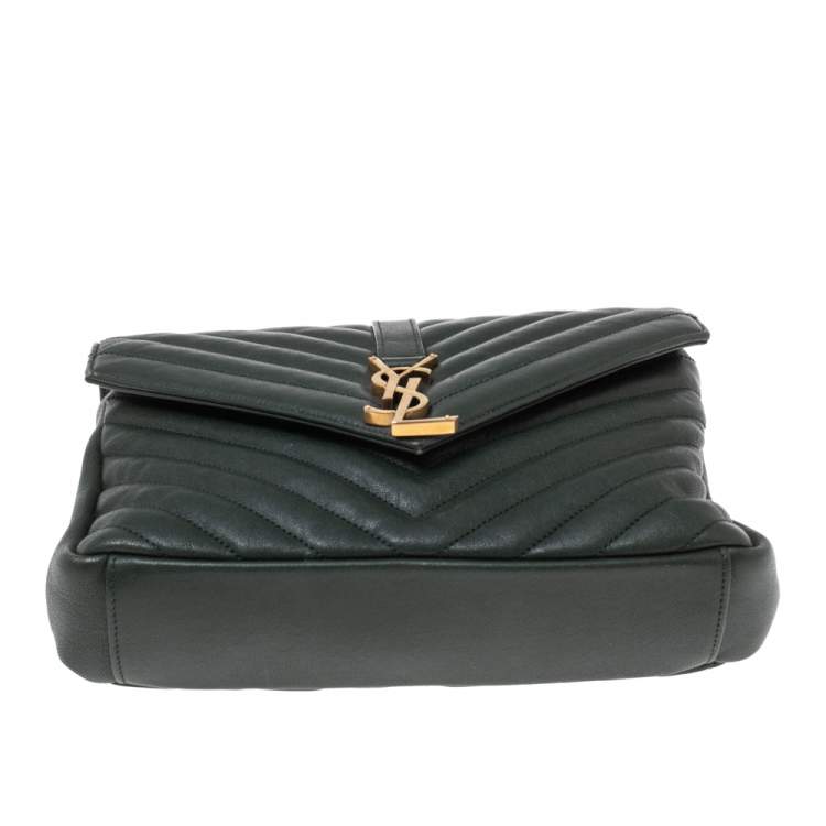 Pre Owned Saint Laurent Dark Green Matelassé Leather Small Loulou Top Handle Bag