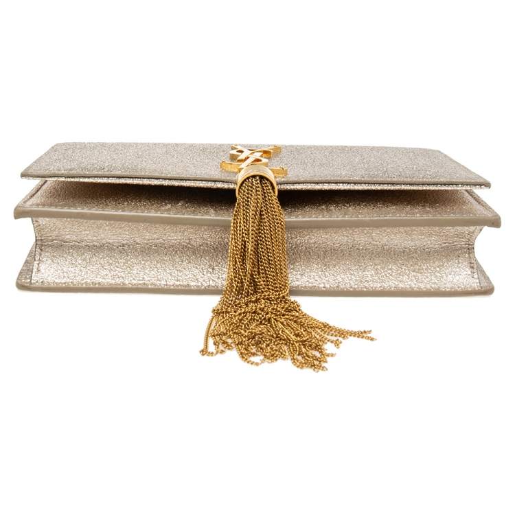 مملوكة مسبقًا Saint Laurent Gold Textured Leather Kate Tassel Wallet on Chain 