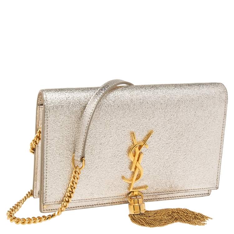 مملوكة مسبقًا Saint Laurent Gold Textured Leather Kate Tassel Wallet on Chain 