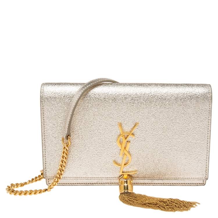 مملوكة مسبقًا Saint Laurent Gold Textured Leather Kate Tassel Wallet on Chain 
