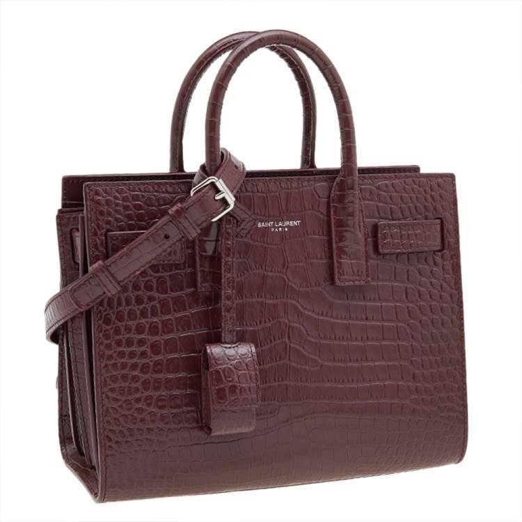 Pre Owned Saint Laurent Burgundy Croc Embossed Leather Nano Classic Sac De Jour Tote