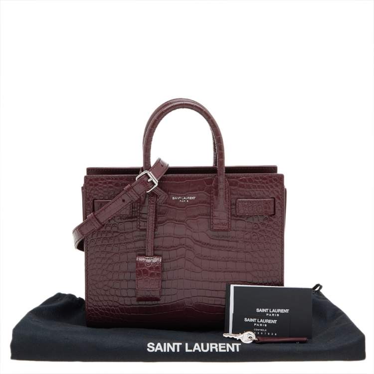 Pre Owned Saint Laurent Burgundy Croc Embossed Leather Nano Classic Sac De Jour Tote