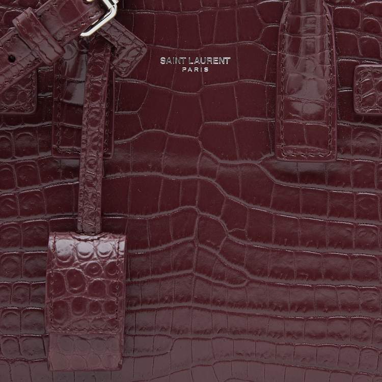 Pre Owned Saint Laurent Burgundy Croc Embossed Leather Nano Classic Sac De Jour Tote