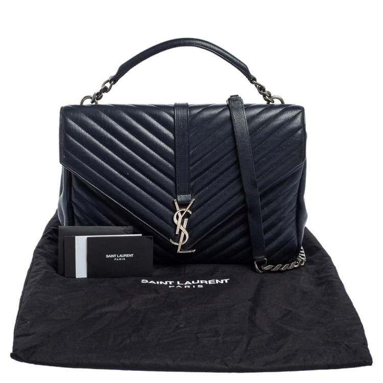 Pre Owned Saint Laurent Navy Blue Matelassé Leather Large College Top Handle Bag