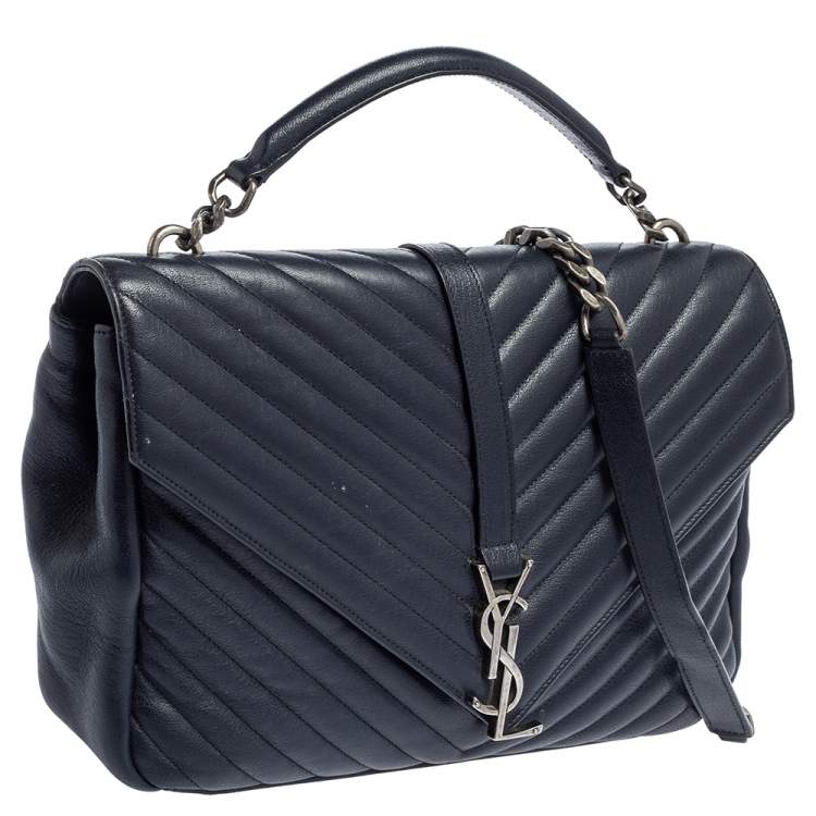 Pre Owned Saint Laurent Navy Blue Matelassé Leather Large College Top Handle Bag