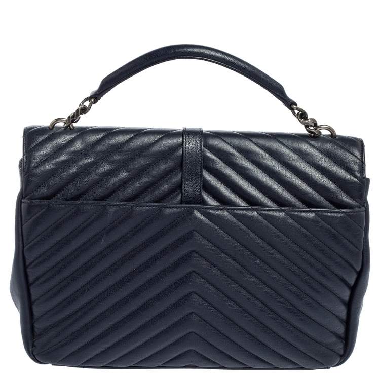 Pre Owned Saint Laurent Navy Blue Matelassé Leather Large College Top Handle Bag