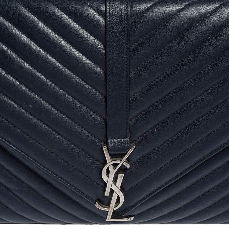 Pre Owned Saint Laurent Navy Blue Matelassé Leather Large College Top Handle Bag