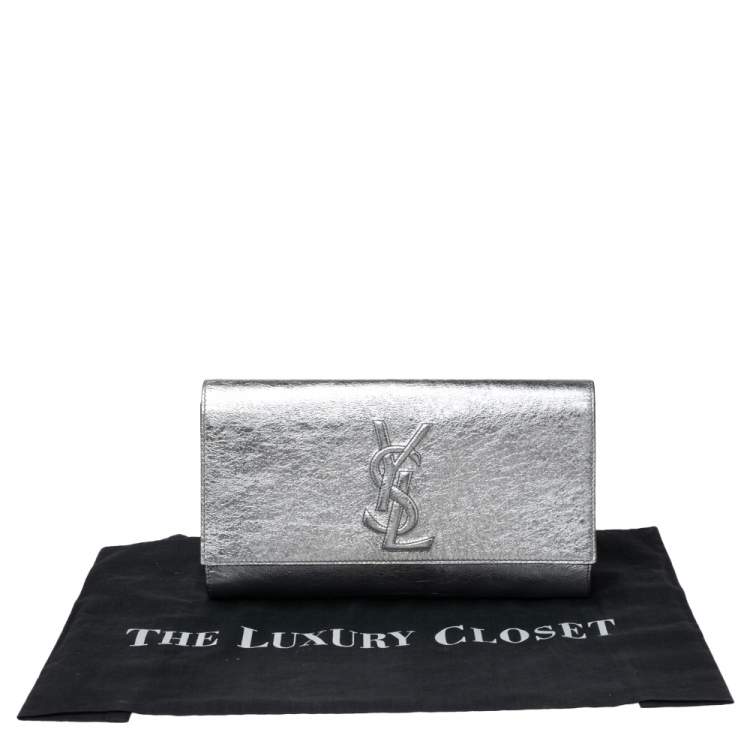 Pre Owned Yves Saint Laurent Metallic Sliver Leather Belle De Jour Flap Clutch