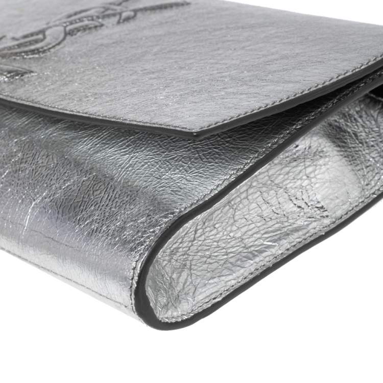 Pre Owned Yves Saint Laurent Metallic Sliver Leather Belle De Jour Flap Clutch