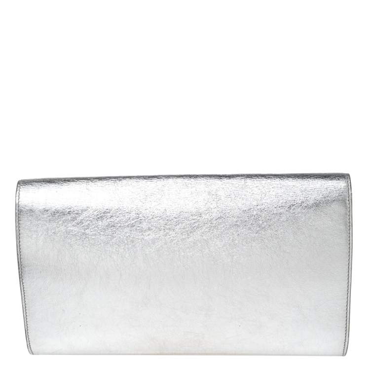 Pre Owned Yves Saint Laurent Metallic Sliver Leather Belle De Jour Flap Clutch